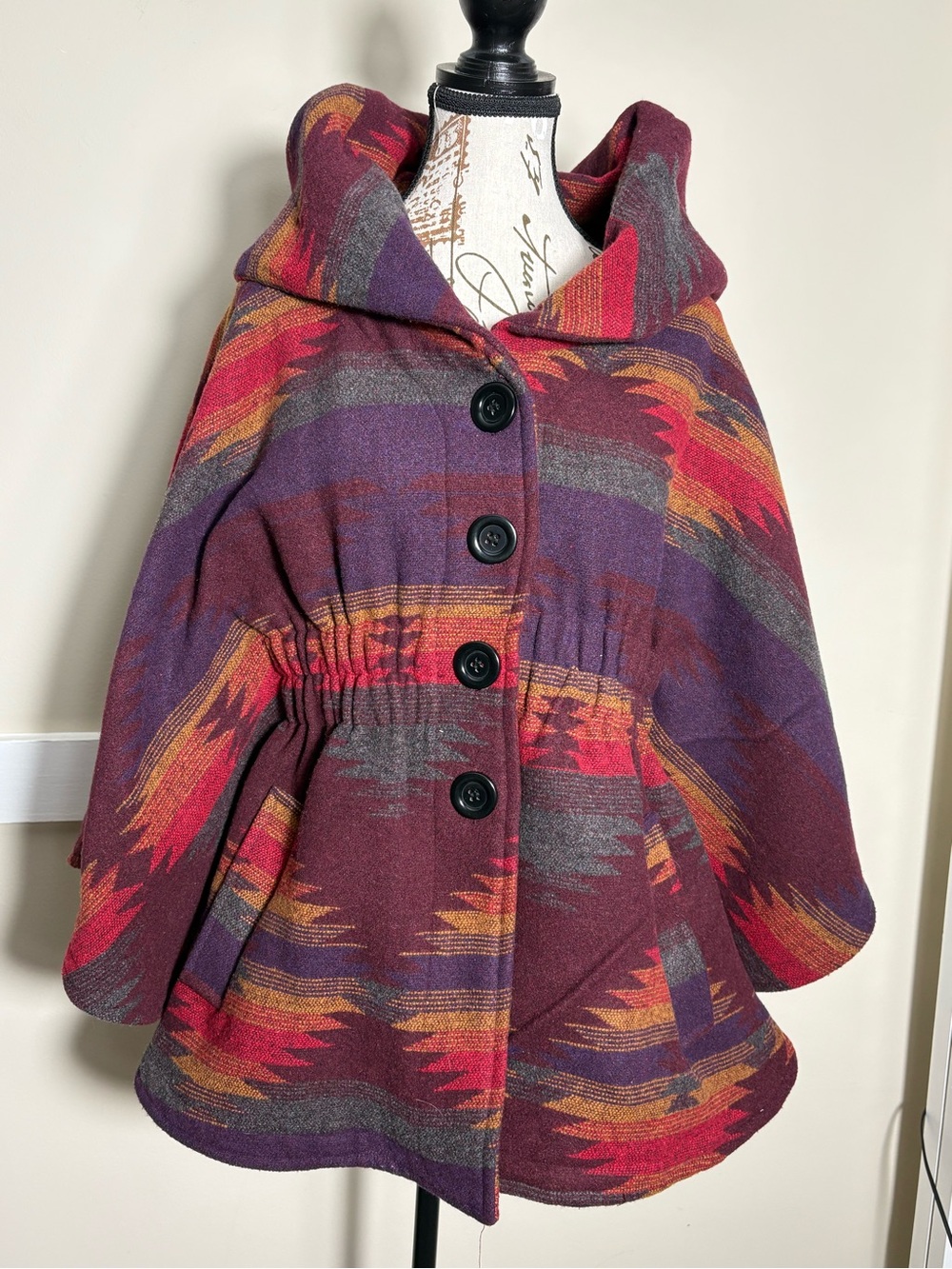 Steve Madden NWT Ruby Aztec Blanket Cape Coat Hooded Southwestern Boho S